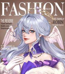  1girl alientomoe aqua_eyes bare_shoulders blue_hair brown_background character_name cover dress earrings english_text fake_magazine_cover feather_boa gloves hand_up head_wings highres honkai:_star_rail honkai_(series) jewel_under_eye jewelry long_hair looking_at_viewer magazine_cover purple_dress red_lips robin_(honkai:_star_rail) solo two-tone_dress upper_body white_dress white_gloves white_wings wings 