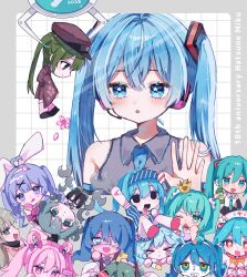 6+girls :d animal_ear_hairband animal_ears anniversary aqua_hair black_arm_warmers black_eyes black_jacket black_leotard black_mask black_skirt blue_eyes blue_hair blue_necktie blue_shirt blue_shorts blush border bow bowtie character_name check_copyright chibi collared_shirt commentary_request copyright_request crane_game crown detached_collar double-parted_bangs doughnut empty_eyes english_text fake_animal_ears fang floral_print floral_print_kimono food green_hair grey_border grey_shirt grid_background hair_between_eyes hair_ornament hair_rings hairband hat hatsune_miku headphones heart heart-shaped_pupils highres hiro_0607 holding holding_donut holding_food jacket japanese_clothes jirai_kei kimono leotard licking_lips long_hair long_sleeves matryoshka_(vocaloid) mesmerizer_(vocaloid) mimukauwa_nice_try_(vocaloid) mini_crown monitoring_(vocaloid) multiple_girls multiple_persona necktie nurse_cap open_mouth pink_bow pink_bowtie pink_eyes pink_hair pink_hat pink_kimono pink_ribbon pink_shirt pink_socks poppippoo_(vocaloid) pout print_kimono rabbit_ear_hairband rabbit_ears rabbit_hole_(vocaloid) ribbon senbon-zakura_(vocaloid) senbonzakura_(vocaloid) shirt shorts skirt sleeveless sleeveless_shirt smile socks striped_clothes striped_shirt symbol-shaped_pupils tongue tongue_out twintails uno_(game) vampire_(vocaloid) very_long_hair vocaloid white_background white_shirt wide_sleeves world_is_mine_(vocaloid) x_hair_ornament