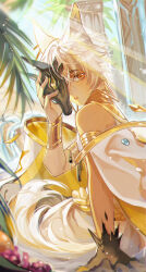  1boy animal_ear_piercing animal_ears architecture arm_support armlet bare_shoulders black_mask blurry bracer cape claws dark-skinned_male dark_skin day depth_of_field detached_cape earrings feet_out_of_frame food from_side fruit gold_earrings gold_trim grapes grey_pants hair_between_eyes hand_up highres holding holding_mask hoop_earrings implied_extra_ears jackal_boy jackal_ears jackal_tail jewelry light_rays looking_at_viewer looking_to_the_side male_focus mask one_eye_covered orange_eyes orange_lips palm_leaf pants parted_lips pillar rope_belt short_hair sitting sleeveless_tunic slit_pupils solo sunlight thick_eyebrows triangle_earrings tunic two-sided_cape two-sided_fabric usekh_collar water water_drop white_cape white_hair white_tunic x2:_eclipse yellow_cape zukiyn 