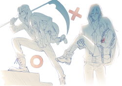  1boy 1girl ankle_boots bag bandaged_hand bandaged_head bandaged_leg bandages blood boots carrying carrying_person carrying_under_arm highres holding holding_scythe hood hood_up hoodie isaac_foster jacket long_hair multiple_views pants princess_carry rachel_gardner satsuriku_no_tenshi scythe short_hair shorts shoulder_bag simple_background spot_color stairs tidsean white_background 