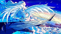  1girl above_clouds absurdres airplane_wing angel_beats! angel_wings artdroiiid_ii clouds commentary day english_commentary floating_hair from_behind highres ligne_claire long_sleeves outdoors oversized_wings scenery shirt sitting sky solo tachibana_kanade white_wings wide_shot wings 