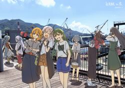  6+girls ahoge alternate_costume alternate_hairstyle arms_behind_back asashimo_(kancolle) ashigara_(kancolle) backpack bag black_hair brown_hair casca_(casca_bask) closed_eyes clouds commentary_request crane_(machine) day dress green_hair grey_hair grin hair_ribbon hairband highres kantai_collection kashi_(kancolle) kasumi_(kancolle) kaya_(kancolle) kiyoshimo_(kancolle) long_hair mountain multiple_girls ooyodo_(kancolle) open_mouth orange_hair outdoors photo_background ponytail railing ribbon selfie_stick shirt shoes side_ponytail sky smile standing sugi_(kancolle) v white_hairband 