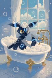  alternate_color animal_focus bath bathtub black_fur blue_sky bubble closed_mouth clouds colored_sclera curtains floor highres in_bathtub indoors looking_at_viewer merino_(merino_9999) no_humans pokemon pokemon_(creature) pokemon_focus shiny_pokemon sky soap soap_bubbles swimsuit tile_floor tiles umbreon window 