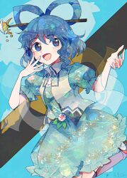  1girl blue_dress blue_eyes blue_hair dress hagoromo hair_ornament hair_rings hair_stick itomugi-kun kaku_seiga looking_at_viewer open_mouth puffy_short_sleeves puffy_sleeves shawl short_sleeves touhou vest white_vest 