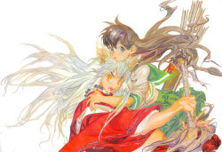  1girl black_eyes brown_hair dima green_skirt higurashi_kagome inuyasha inuyasha_(character) long_hair looking_at_viewer open_mouth school_uniform skirt sword weapon white_background white_hair yellow_eyes 