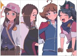  1boy 3girls :d ^_^ ace_attorney ace_attorney_investigations ace_attorney_investigations_2:_prosecutor's_gambit adjusting_clothes adjusting_headwear ahoge badge bag belt black_belt black_robe black_skirt blue_jacket blue_pants blue_scarf blue_vest blush braid breasts brown_belt brown_eyes brown_gloves brown_hair brown_pants button_badge buttons cloak closed_eyes coat collared_shirt column_lineup commentary_request conductor_baton crown_braid ema_skye eustace_winner eyewear_on_headwear finger_to_headwear flipped_hair gloves green_eyes hair_over_one_eye handbag hat high_ponytail highres holding_baton index_finger_raised jacket jacket_on_shoulders kay_faraday key key_hair_ornament lab_coat lipstick long_hair long_sidelocks looking_at_viewer looking_up makeup medium_breasts miniskirt multicolored_necktie multiple_girls nanase_(trfok1) necktie pants parted_bangs pink_belt pink_hat pink_shirt ponytail question_mark_ahoge red_jacket red_necktie robe scarf school_uniform shirt short_hair short_sleeves sidelocks skirt smile striped_necktie sweatdrop themis_legal_academy_school_uniform verity_gavelle vest white_background white_cloak white_coat white_gloves wide_sleeves wing_collar yellow_necktie 