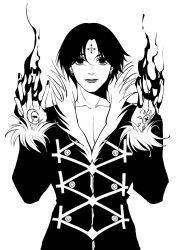  1boy 63roku63 black_eyes black_hair chrollo_lucilfer cross_tattoo earrings facial_mark forehead_mark forehead_tattoo greyscale highres hunter_x_hunter jewelry long_sleeves looking_at_viewer male_focus monochrome short_hair simple_background smile solo tattoo upper_body 