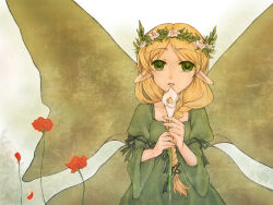  1girl aries_end blonde_hair braid calla_lily commentary_request dress flower green_dress green_eyes green_wings head_wreath holding holding_flower juliet_sleeves long_sleeves looking_at_viewer mavka open_mouth pink_flower pointy_ears puffy_sleeves ragnarok_online red_flower short_hair side_braid single_braid solo tears tears_from_one_eye upper_body white_background white_flower wings 