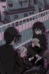  2boys absurdres ahoge backpack bag balcony black_hair black_jacket blush boxcutter buttons card crossed_legs danganronpa_(series) danganronpa_v3:_killing_harmony english_commentary ff9900 flipped_hair from_above gakuran hair_between_eyes hat highres holding jacket lollipop_in_mouth long_sleeves looking_at_another male_focus multiple_boys muted_color oma_kokichi on_floor outdoors playing_card playing_games railing rooftop saihara_shuichi school_bag school_uniform short_hair sitting 