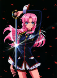  1990s_(style) 1girl absurdres black_background black_jacket blue_eyes flower highres holding holding_sword holding_weapon jacket looking_at_viewer official_art petals pink_hair red_shorts retro_artstyle rose rose_petals shorts shoujo_kakumei_utena solo sword tenjou_utena weapon white_flower white_rose 