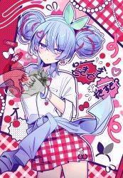  1girl annoyed anzu_(anzuhan) averting_eyes blue_eyes blue_hair blue_sweater bow bow_hairband bow_sticker bowtie bracelet broken_heart candy_sticker cherry cherry_earrings cherry_pop_(vocaloid) cherry_sticker closed_mouth clothes_around_waist colored_speech_bubble colorful_background cowboy_shot dot_mouth double-parted_bangs double_bun earrings food food-themed_earrings fruit gingham_background gingham_bowtie gingham_skirt green_hairband hair_bun hair_ornament hairband half-closed_eyes hatsune_miku heart heart_hair_ornament highres jewelry jitome light_blush long_hair long_sleeves miniskirt multicolored_hair outline pale_skin pearl_bracelet plaid_clothes puffy_long_sleeves puffy_sleeves red_background red_bow red_bowtie red_hair red_skirt school_uniform screentones shirt silver_bracelet skirt speech_bubble squiggle streaked_hair string_of_pearls sweatdrop sweater sweater_around_waist tridecagram v-shaped_eyebrows vocaloid white_background white_outline white_shirt 