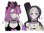  2girls black_lemonade_cookie blue_hair bow choker cookie_run cross cross_necklace expressionless eyeshadow guitar_case hair_bow humanization instrument_case jewelry looking_at_viewer makeup mamimumemo multicolored_hair multiple_girls necklace personification pink_hair 