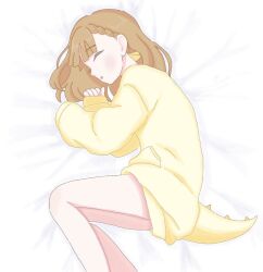  1girl bow braid brown_hair center-flap_bangs closed_eyes commentary_request dinosaur_tail fake_tail feet_out_of_frame hair_bow hood hoodie kachimachi_kosuzu kachimachi_kosuzu_(sega_lucky_lottery_sleepwear) link!_like!_love_live! long_hair long_sleeves love_live! lying niki_py_mari official_alternate_costume on_bed on_side parted_lips pocket side_braids sleeping sleeves_past_wrists solo tail virtual_youtuber white_background yellow_bow yellow_hoodie 