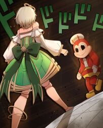  1girl 1other cecilia_immergreen cecilia_immergreen_(1st_costume) corset detached_sleeves doll_joints english_commentary green_corset green_skirt grey_hair highres hololive hololive_english joints jollibee jollibee_(mascot) medium_hair meme menacing_(jojo) oh?_you're_approaching_me?_(meme) romper skirt virtual_youtuber white_romper winding_key yume_(yume_ato29) 