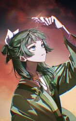  1girl 2_blankk arm_up beads blue_eyes blunt_bangs blurry blurry_background bow chinese_clothes chromatic_aberration facing_away green_hair green_hanfu hair_beads hair_bow hair_bun hair_ornament hair_over_shoulder hairpin hanfu highres holding holding_hair_ornament kusuriya_no_hitorigoto looking_at_object maomao_(kusuriya_no_hitorigoto) medium_hair parted_lips sidelocks solo standing upper_body white_bow wide_sleeves 