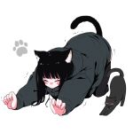  1girl animal_ears black_cat black_hair black_thighhighs blunt_bangs blush cat cat_ears cat_girl cat_stretch cat_tail closed_eyes dot_nose full_body grey_hoodie highres hood hoodie megateru nose_blush original oversized_clothes paw_print solo stretching tail thigh-highs white_background 