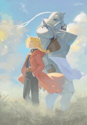  2boys absurdres ahoge alphonse_elric armor black_pants black_shirt blonde_hair braid brothers coat edward_elric full_armor fullmetal_alchemist gloves hands_in_pockets highres living_armor long_hair male_focus multiple_boys nbee_ya pants red_coat shirt siblings spiked_helmet white_gloves yellow_eyes 