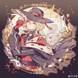  1boy absurdres aqua_eyes artist_name asymmetrical_clothes belt black_belt black_coat black_hat black_shirt blonde_hair border brown_border building card cavalier_hat chinese_commentary coat dated earrings fedora floating_card flower glitch gloves gradient_border hair_between_eyes hand_up hat hat_tassel highres holding holding_card jacket jewelry joker_(playing_card) lapels lars_rorschach lars_rorschach_(deimortem_era) long_sleeves looking_at_viewer lovebrush_chronicles male_focus multiple_views necklace notched_lapels off_shoulder open_clothes open_coat open_collar outside_border petals playing_card popped_collar red_gloves red_jacket ring round_image shirt short_hair sideways_glance skyscraper smile solo striped_clothes striped_jacket tears transmission_tower tulip upper_body watermark weibo_watermark wolf_cut yellow_background yellow_flower yellow_tulip z6 