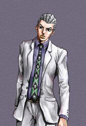  1boy araki_hirohiko_(style) black_eyes black_hair black_necktie brown_lips collared_shirt commentary_request diamond_wa_kudakenai grey_background grey_hair hatching_(texture) highres jacket jojo_no_kimyou_na_bouken kaib0y kawajiri_kosaku kira_yoshikage long_sleeves male_focus necktie pants purple_shirt shirt solo striped_hair suit_jacket white_jacket white_pants 