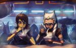  ahsoka_tano artist_name barriss_offee blue_eyes colored_skin eating food green_skin hair_between_eyes highres kjaragrissaecrim lekku_(anatomy) multiple_girls noodles raikoh-illust short_hair star_wars star_wars:_the_clone_wars tentacle_hair togruta watermark 