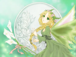  1girl aries_end blonde_hair braid calla_lily commentary_request cowboy_shot dress expressionless flower green_dress green_eyes green_wings hair_flower hair_ornament head_tilt long_hair looking_at_viewer looking_to_the_side mavka open_mouth pink_flower pointy_ears ragnarok_online side_braid single_braid solo white_flower wings 