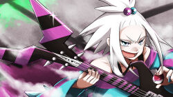  1girl bare_shoulders bass_guitar blue_eyes commentary_request eyelashes fingernails fog freckles glint hair_bobbles hair_ornament holding holding_bass_guitar holding_instrument holding_plectrum holding_poke_ball instrument long_sleeves lower_teeth_only open_mouth plectrum poke_ball poke_ball_(basic) pokemon pokemon_bw2 roxie_(pokemon) sidelocks smile solo striped_clothes teeth topknot v-shaped_eyebrows white_hair yumeukihashi 