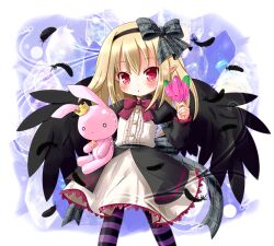  1girl akino_sakura black_dress black_feathers black_hairband black_ribbon black_thighhighs black_wings blonde_hair dark_feather_alma dress emil_chronicle_online feathers hair_ribbon hairband holding holding_feather holding_stuffed_toy neck_ribbon pointy_ears purple_thighhighs red_eyes red_ribbon ribbon solo striped_clothes striped_thighhighs stuffed_animal stuffed_rabbit stuffed_toy thigh-highs two-tone_dress white_dress wings 