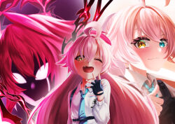  1girl abydos_high_school_logo ahoge aura black_gloves blank_eyes blue_archive blue_eyes blue_necktie blush closed_mouth collared_shirt commentary_request dark_aura eyelashes fang fingerless_gloves gloves hair_between_eyes hakuchon821 hand_up heterochromia highres hoshino_(armed)_(blue_archive) hoshino_(blue_archive) hoshino_terror_(blue_archive) huge_ahoge id_card long_hair looking_at_viewer multiple_views necktie official_alternate_costume official_alternate_hairstyle one_eye_closed open_mouth outline outstretched_hand pink_hair school_uniform shirt sidelighting simple_background smile split_mouth spoilers thumbs_up upper_body very_long_hair white_background white_outline white_shirt yellow_eyes 