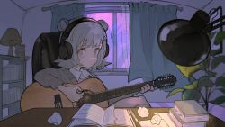  1girl @_@ acoustic_guitar book bookshelf cardigan cevio chair closed_mouth collared_shirt crossed_legs crumpled_paper curtains desk_lamp double_bun flower_hairpin grey_cardigan grey_hair guitar hair_bun headphones highres indoors instrument koharu_rikka lamp mechanical_pencil music ni_(nimame629) office_chair pencil plant playing_guitar playing_instrument plectrum potted_plant shirt sitting solo stuffed_animal stuffed_toy swivel_chair synthesizer_v teddy_bear violet_eyes window 