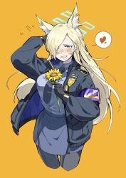  1girl animal_ear_fluff animal_ears armband blonde_hair blue_archive blue_eyes blue_halo blue_jacket blue_necktie blush commentary_request dog_ears flower gloves halo heart highres holding holding_flower jacket kanna_(blue_archive) long_hair looking_at_viewer necktie ohayonabeno police police_badge police_uniform policewoman rubbing_head sharp_teeth smile solo sunflower teeth very_long_hair yellow_background 
