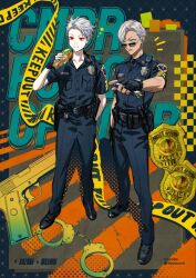  2boys artist_name baton_(weapon) belt black_gloves blue_eyes blue_pants blue_shirt caution_tape character_name collared_shirt commentary_request crosswalk cuffs dark-skinned_male dark_skin fingerless_gloves food gloves grey_hair gun hair_slicked_back handcuffs handgun highres holding holding_food holding_sandwich ibrahim_(nijisanji) keep_out kuzuha_(nijisanji) male_focus mosako multiple_boys nijisanji notice_lines pants pointing pointing_at_viewer police police_badge police_uniform pouch red_eyes sandwich shirt short_sleeves sunglasses twitter_username virtual_youtuber weapon 