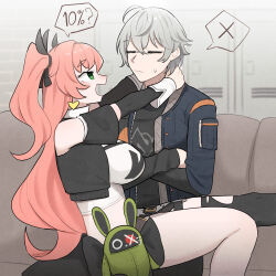  absurdres black_pants black_shirt blush breasts closed_eyes closed_mouth couch crop_top green_eyes grey_hair hetero highres large_breasts long_hair mata_(matasoup) nicole_demara on_couch open_mouth pants pink_hair shirt short_hair sitting sitting_on_lap sitting_on_person speech_bubble white_shirt wise_(zenless_zone_zero) zenless_zone_zero 