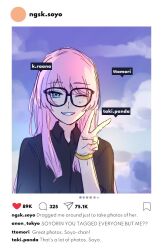  1girl bang_dream! bang_dream!_it&#039;s_mygo!!!!! black_shirt bracelet chihaya_anon commentary english_commentary english_text fake_screenshot grey_eyes instagram jewelry long_hair niigouki pink_hair shirt smile solo v 