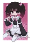  1girl apron black_dress black_hair blue_eyes blunt_bangs blush bow bowtie closed_mouth dress frilled_apron frills highres kanikan long_sleeves original pink_background pink_bow pink_bowtie pink_eyes sitting solo thigh-highs twintails wariza white_thighhighs 