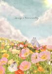  2boys blue_sky bug butterfly clouds cloudy_sky english_text fine_9725 flower green_headwear highres moomin moomintroll multiple_boys orange_flower pink_flower plant profile red_flower signature sky snufkin wide_shot yellow_flower 