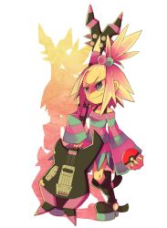  1girl aqua_eyes bass_guitar black_boots boots bright_pupils closed_mouth commentary_request deformed dress examinee full_body hair_bobbles hair_ornament holding holding_bass_guitar holding_instrument holding_poke_ball instrument long_sleeves medium_hair platform_boots poke_ball poke_ball_(basic) pokemon pokemon_bw2 roxie_(pokemon) shadow simple_background smile solo standing striped_clothes striped_dress topknot two-tone_dress v-shaped_eyebrows white_background white_hair white_pupils 