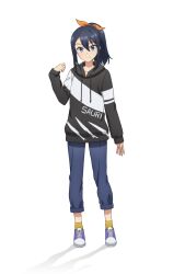  1girl anime_coloring black_hair black_hood black_hoodie blue_eyes blue_pants blush closed_mouth cue! english_text full_body hair_between_eyes hair_ribbon hand_up highres hood hood_down hoodie long_sleeves looking_at_viewer official_art open_hand orange_ribbon pants ponytail purple_shoes ribbon shoes sidelocks simple_background smile socks solo standing striped_clothes striped_hoodie tachi-e takatori_maika taniguchi_motohiro transparent_background two-tone_hoodie yellow_socks 