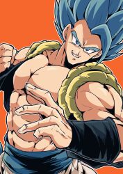  1boy abs absurdres arm_guards black_vest blue_eyes blue_hair blue_sash clenched_hand commentary_request dragon_ball dragon_ball_super dragon_ball_super_broly gogeta grin highres looking_at_viewer male_focus metamoran_vest muscular muscular_male orange_background otyumamii pants sash single_bang sketch smile solo spiky_hair super_saiyan super_saiyan_blue upper_body vest white_pants 