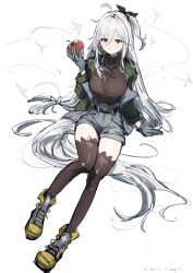  1girl absurdres ankle_boots apple arknights boots breasts brown_sweater brown_thighhighs closed_mouth commentary dated english_commentary food fruit full_body gloves green_jacket grey_gloves grey_shorts hair_between_eyes high-waist_shorts highres holding holding_food holding_fruit jacket lace-up_boots large_breasts light_blush long_hair long_sleeves official_alternate_costume open_clothes open_jacket pppmepl red_eyes shorts simple_background skadi_(arknights) skadi_(the_next_afternoon_tea)_(arknights) solo sweater thigh-highs turtleneck turtleneck_sweater very_long_hair white_background white_hair yellow_boots 