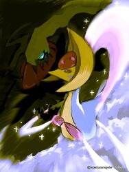  black_skin blue_eyes blue_sclera brown_sclera colored_sclera colored_skin crescent cresselia darkrai highres mayotsunamayo no_humans pokemon pokemon_(creature) pokemon_focus 