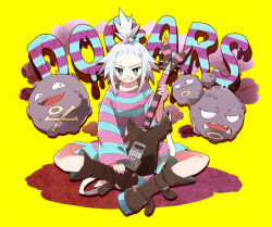  1girl aqua_eyes bass_guitar black_boots blush boots bright_pupils chachi_(azuzu) character_name closed_mouth commentary_request evolutionary_line fangs freckles grin hair_bobbles hair_ornament holding holding_bass_guitar holding_instrument instrument koffing long_sleeves medium_hair multiple_heads open_mouth pokemon pokemon_(creature) pokemon_bw2 roxie_(pokemon) simple_background sitting skull_and_crossbones smile striped_clothes teeth topknot v-shaped_eyebrows weezing white_hair white_pupils yellow_background 