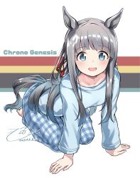  1girl absurdres alternate_costume animal_ears blue_eyes blue_pajamas blue_shirt blunt_bangs blush breasts checkered_clothes checkered_pants chrono_genesis_(umamusume) grey_hair hair_between_eyes hair_ornament highres hiro5000_tama horse_ears horse_girl horse_tail long_hair long_sleeves looking_at_viewer open_mouth pajamas pants seiza shirt sitting small_breasts smile solo tail umamusume 