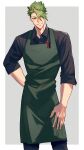  1boy absurdres achilles_(fate) apron arm_at_side arm_behind_back black_pants black_shirt border brown_eyes collared_shirt cowboy_shot fate/grand_order fate_(series) fingerless_gloves gloves green_apron grey_background grin haruakira highres looking_at_viewer male_focus mature_male pants pen shirt short_hair sleeves_past_elbows smile solo undercut white_border 