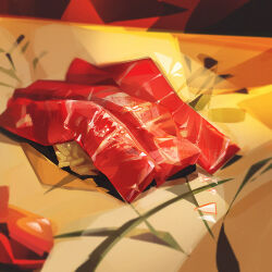  art_study ben_lo food food_focus food_request food_wrapper meat no_humans on_table original painterly sticky_rice table unwrapped 