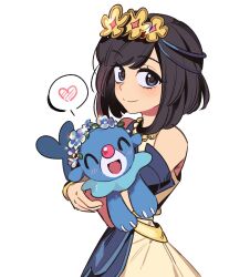  1brad 1girl bare_shoulders bead_necklace beads black_hair closed_mouth commentary_request dress eyelashes grey_eyes hair_ornament heart highres holding holding_pokemon jewelry korean_commentary looking_at_viewer medium_hair necklace official_alternate_costume pokemon pokemon_(creature) pokemon_masters_ex popplio selene_(champion)_(pokemon) selene_(pokemon) simple_background smile split_mouth spoken_heart white_background 
