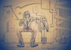  1boy 1girl ankle_boots bag bandaged_hand bandaged_head bandages boots couch expressionless highres hood hood_up hoodie indoors isaac_foster jacket long_hair looking_at_viewer on_couch pants rachel_gardner satsuriku_no_tenshi scythe shirt short_hair shoulder_bag sitting smirk striped_clothes striped_shirt tidsean traffic_cone wanted_poster 