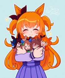  1girl animal_ears aqua_background blush bow closed_eyes commentary cowboy_shot derivative_work ear_ribbon el_condor_pasa_(umamusume) facing_viewer green_bow hair_bow highres holding holding_stuffed_toy horse_ears horse_girl king_halo_(umamusume) long_sleeves marikyuunn mayano_top_gun_(umamusume) orange_hair pleated_skirt purple_shirt purple_skirt rice_shower_(umamusume) screenshot_redraw shirt sign skirt smart_falcon_(umamusume) smile solo sparkle stuffed_animal stuffed_toy two_side_up umamusume 