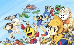  2girls 6+boys alien amur_(dragon_spirit) annotated armor bald baseball_cap battle_city_(game) bero_(warpman) black_armor black_eyes black_shirt blonde_hair blue_hat blue_pants blue_shoes blue_shorts blue_tank_top blue_vest boots breastplate brown_eyes brown_hair carton_(quinty) clovis_(dragon_buster) commentary_request company_connection cover_girl_(family_series) crossover dragon_buster_(game) dragon_spirit druaga_no_tou duel family_series fantasy fighting flying gaia_(star_luster) galaga galaxian gaplus ghost gilgamesh_(druaga) gloves gold_armor green_shirt hat heika_(heikahp) helmet high_ponytail holding holding_baton_(weapon) holding_shield holding_sword holding_weapon horse insect_wings japanese_clothes jockey jumper_(quinty) jumping knight long_hair looking_at_viewer mappy mappy_(character) mask medieval military_vehicle mohawk monmotarou_(youkai_douchuuki) monster motor_vehicle mouse_(animal) multiple_boys multiple_crossover multiple_girls namco newsboy_cap open_hands open_mouth pac-land pac-man pac-man_(game) paccet pants peaked_cap pointing police police_hat police_uniform policeman ponytail quinty red_boots red_eyes red_gloves red_pants red_vest rick_(splatterhouse) running science_fiction shield shirt shoes short_hair shorts shoulder_armor skirt smile spacecraft spacesuit splatterhouse spot_color standing star_luster starfighter sunglasses sword tank tank_top tarosuke_(youkai_douchuuki) tenkaichi_bushi_keru_naguuru vest wagan wagan_land warpman weapon white_hair white_hat white_warpman wings youkai_douchuuki 