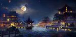  architecture clouds cloudy_sky commentary_request east_asian_architecture flower full_moon gazebo highres horse hy_vong_(phong_canh) lantern lily_(flower) lily_pad moon multiple_boys multiple_girls night original outdoors pagoda paper_lantern scenery sky tree vietnamese_commentary water 