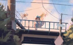  3girls absurdres against_railing blonde_hair blue_dress blue_sky bridge brown_eyes brown_hair clouds cloudy_sky commentary dress fairy fairy_wings flying foliage from_below head_on_arm highres holding_road_sign housulu long_hair long_sleeves luna_child multiple_girls orange_hair power_lines railing red_dress road_sign scenery sign sky star_sapphire sunny_milk touhou tree utility_pole white_dress wings 